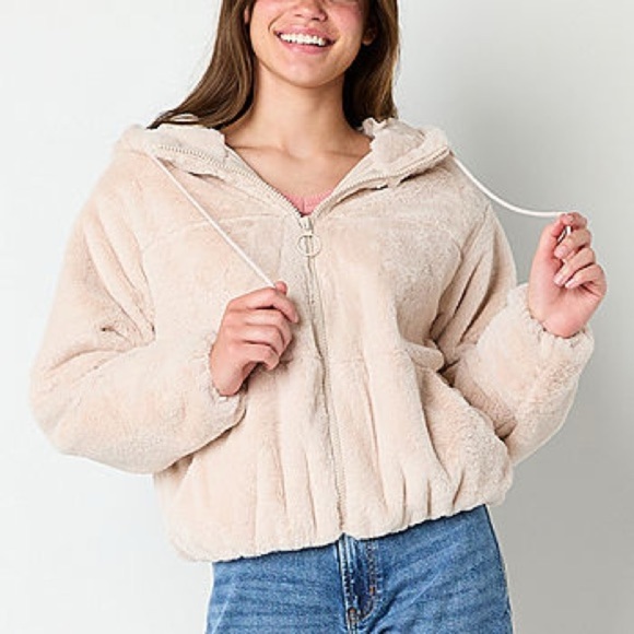 Arizona Womens Juniors Soft Sherpa Hoodie Zip Up Boxy Midweight Bomber Jacket SM - Picture 1 of 9